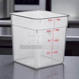 Cambro CamSquares® Classic 8 Qt. clear polycarbonate food storage container, NSF certified, marked with quart/liter measurements.