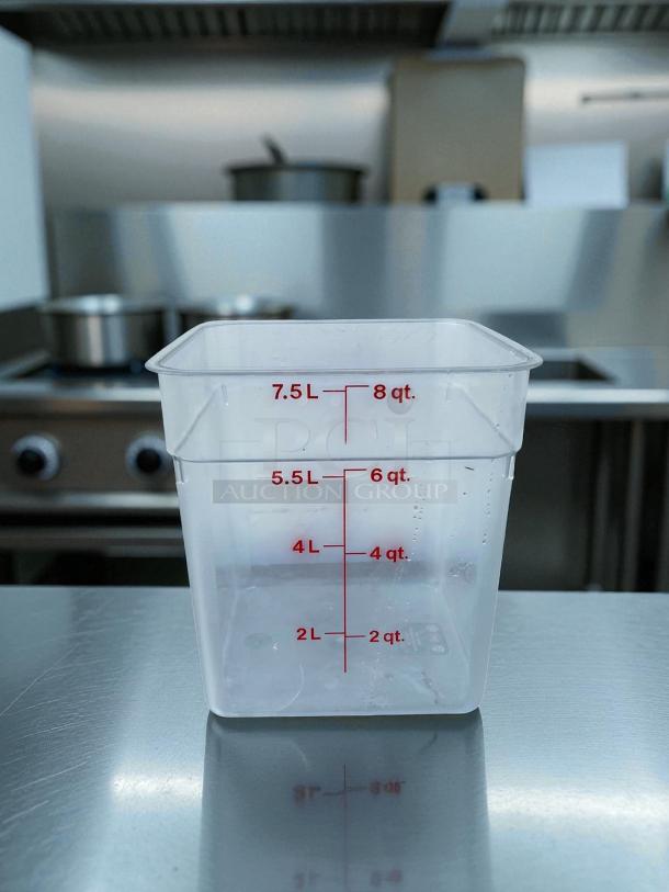 Clear Cambro CamSquares® 8 Qt. food container, NSF certified, red measurement markings, premium condition, fully tested.