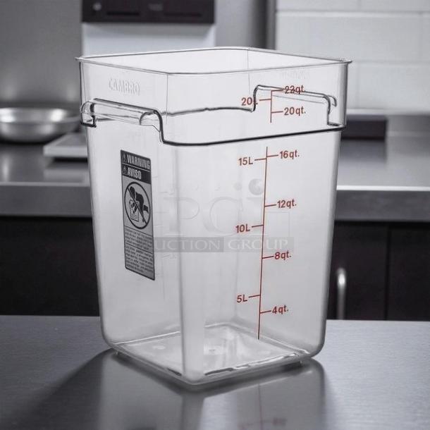 Cambro CamSquares® Classic 22 Qt. clear polycarbonate food storage container, with red measurement markings. NSF certified.