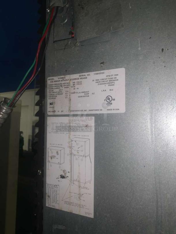 Manitowoc SY0654A ice machine label, detailing model, serial number, manufacturing date, and electrical specifications.