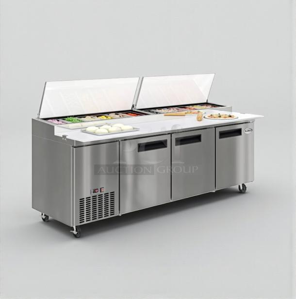 Brand new Koolmore 92" three-door pizza prep refrigerator, model KM-RPPS-3DSS, stainless steel, scratch & dent condition.