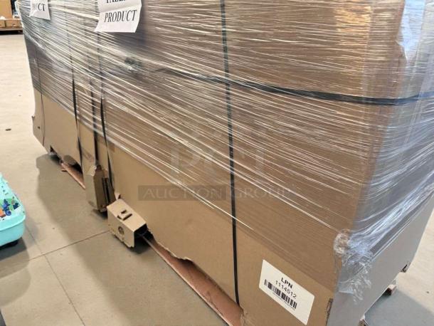 Brand new, scratch & dent Koolmore 92" three-door pizza prep refrigerator, model KM-RPPS-3DSS, wrapped and labeled.