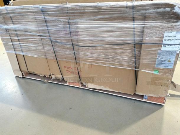 Brand new Koolmore 92" three-door pizza prep refrigerator, model KM-RPPS-3DSS, in original packaging with minor dents.