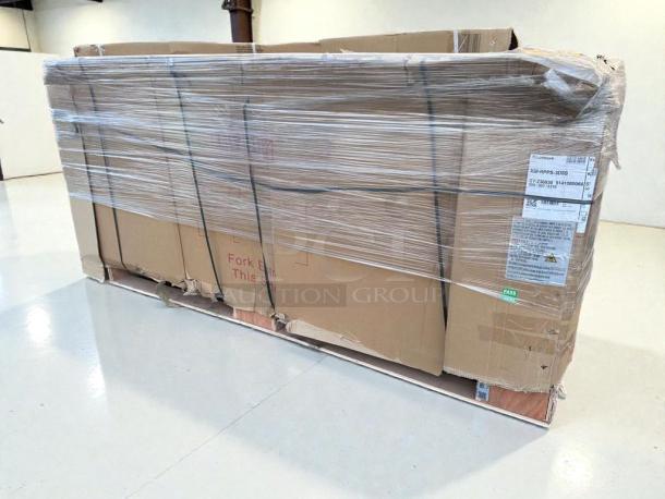 Brand new KoolMore 92" three-door pizza prep refrigerator model KM-RPPS-3DSS, in shipping wrap with slight package damage.