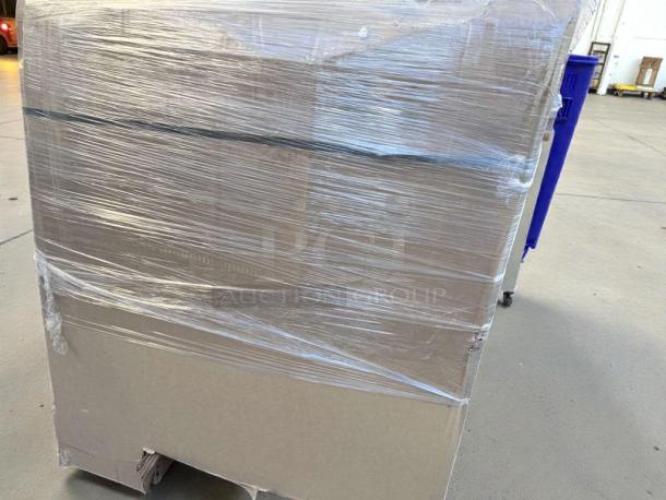 Brand new KoolMore 92" three-door pizza prep refrigerator, model KM-RPPS-3DSS, scratch & dent, wrapped in plastic.