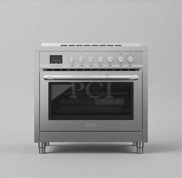 Brand new KoolMore 36" Professional Electric Range, model KM-FR36EE-SS, silver finish, minor scratches, six control knobs.
