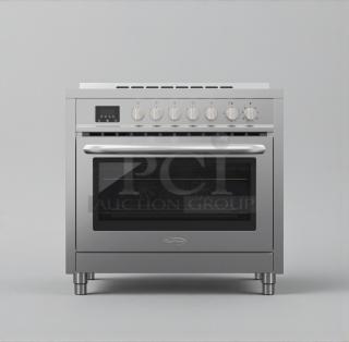 Brand new KoolMore 36" Professional Electric Range, model KM-FR36EE-SS, silver finish, minor scratches, six control knobs.