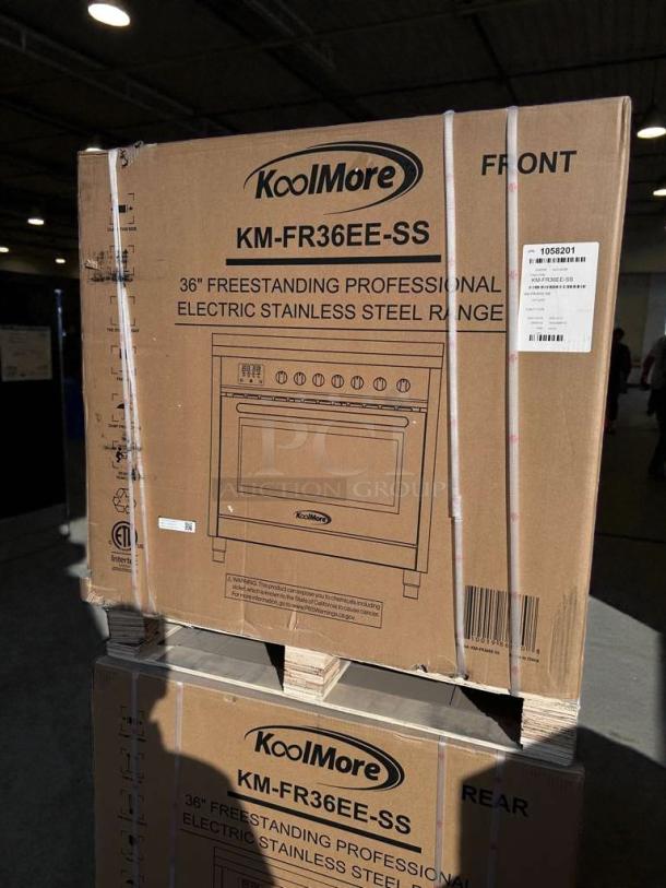 KoolMore KM-FR36EE-SS 36" Electric Range. Brand new, scratch & dent condition. Professional stainless steel model in box.