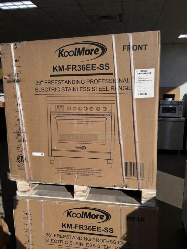 Brand new KoolMore 36" Professional Electric Range, model KM-FR36EE-SS, in box. Scratch & dent condition noted on packaging.