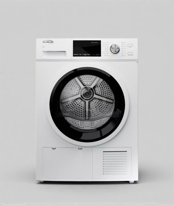 Brand new KoolMore front load electric dryer, model FLD-5C-WHP. Scratch & Dent condition. Control panel visible.