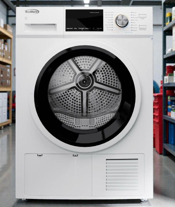 Brand new KoolMore front load electric dryer, model FLD-5C-WHP. Scratch & dent condition, white finish, visible control panel.