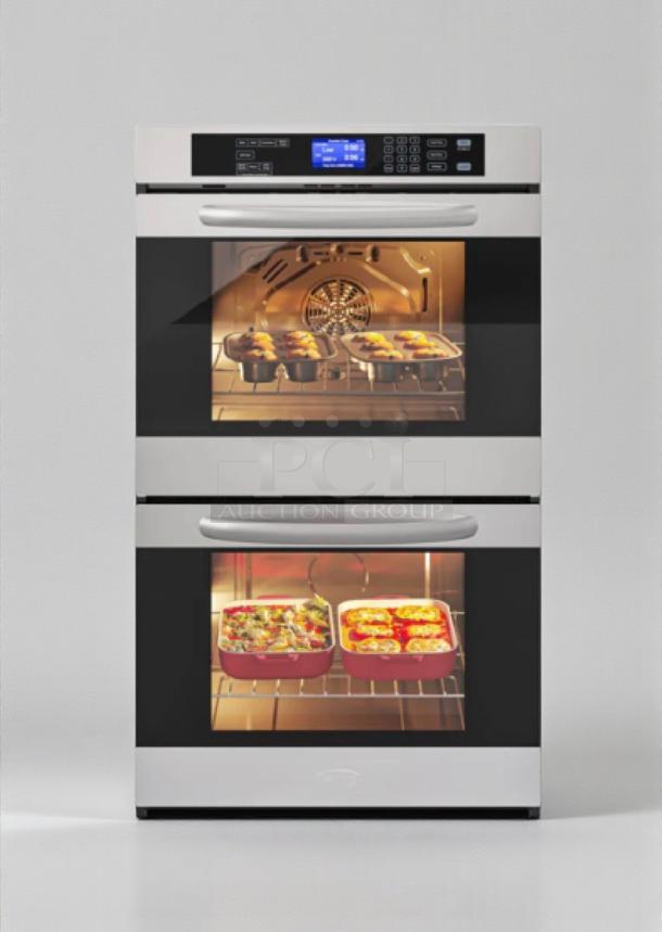 Brand new KoolMore KM-WO30D-SS 30" electric double wall oven, stainless steel, digital controls, visible interior.
