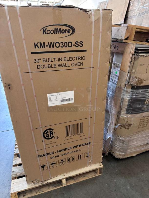 Brand new KoolMore KM-WO30D-SS 30" electric double wall oven in packaging, scratch and dent condition, model KLM-L-OVN-0025.
