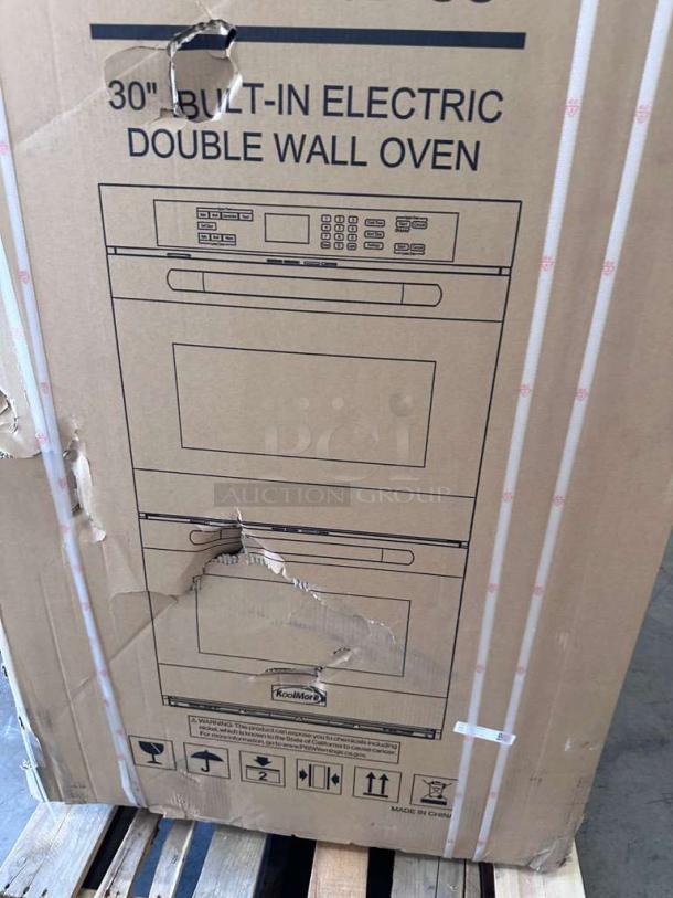 KoolMore KM-WO30D-SS 30" Electric Double Wall Oven in original packaging with visible box damage. Brand new, unused.