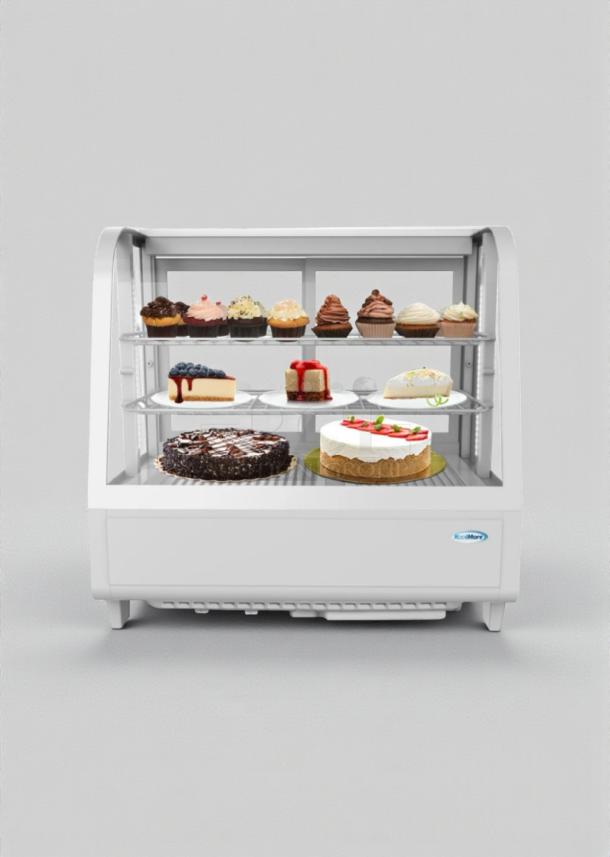 Brand-new KoolMore Refrigerated Countertop Display Case, Model CDC-3C-BK/WH, white, showcasing desserts. Scratch & Dent.