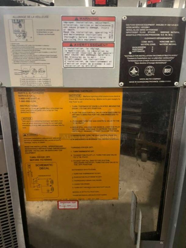 Vulcan Hart commercial gas floor fryer, model VUL-L-FRY-0089, fully tested, premium condition, visible safety and operating instructions.