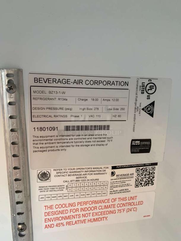 Beverage-Air Open Merchandiser BZ13-1-W label details; 115V, single phase, R134a refrigerant, UL listed, excellent condition.