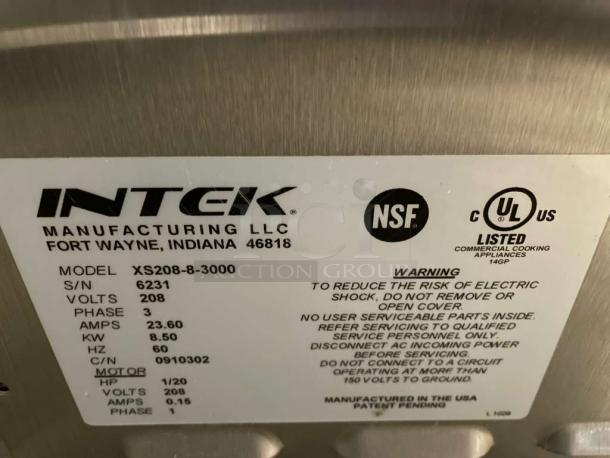 Intek XS208-8-3000 commercial conveyor oven label, 208V, 3-phase, serial number 6231, NSF certified, fully tested and working.