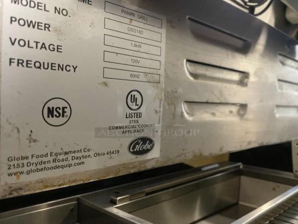 Globe GSG14D Panini Grill in outstanding condition, 120V, tested and working, NSF and UL listed, made by Globe Food Equipment Co.