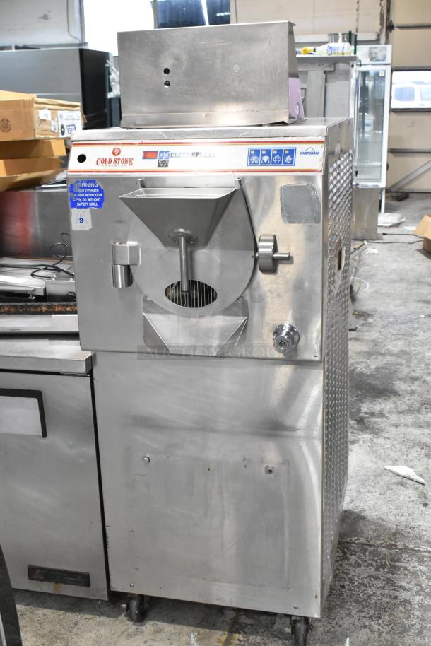 Carpigiani LB-502 batch freezer, commercial floor style, water-cooled, 208/230 volts, 3 phase, stainless steel, used condition.