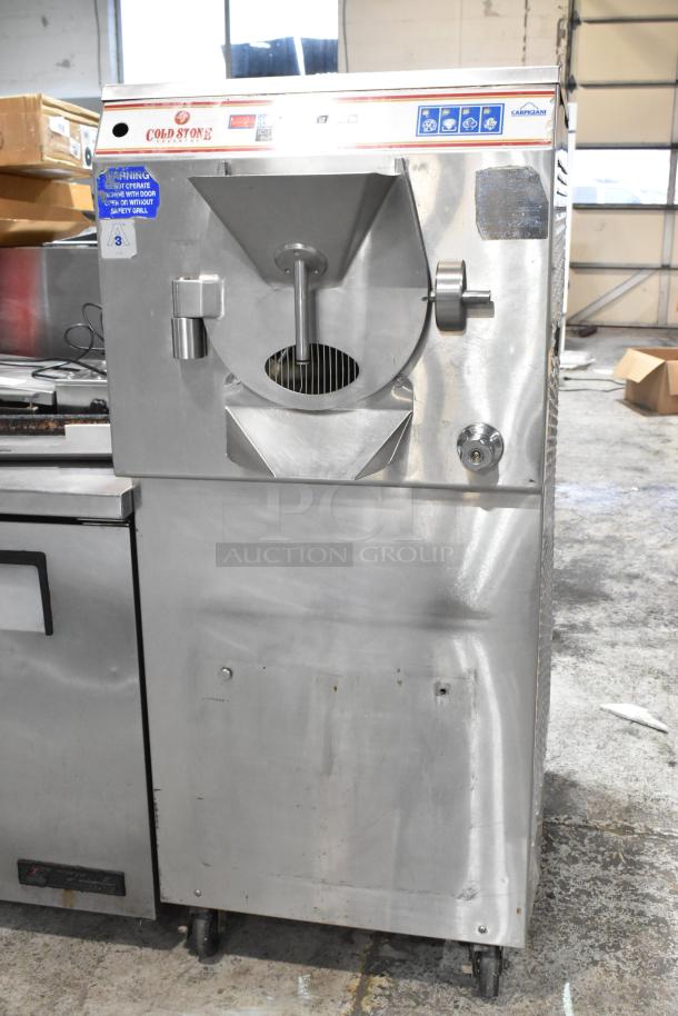 Carpigiani LB-502 commercial batch freezer, floor style, water cooled, 208/230V, 3 phase, stainless steel, visible wear.