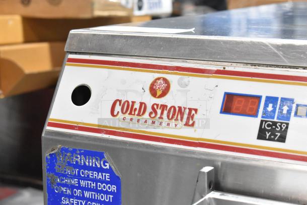 Carpigiani LB-502 commercial batch freezer, Cold Stone label, stainless steel, visible wear, 208/230V, 3-phase.