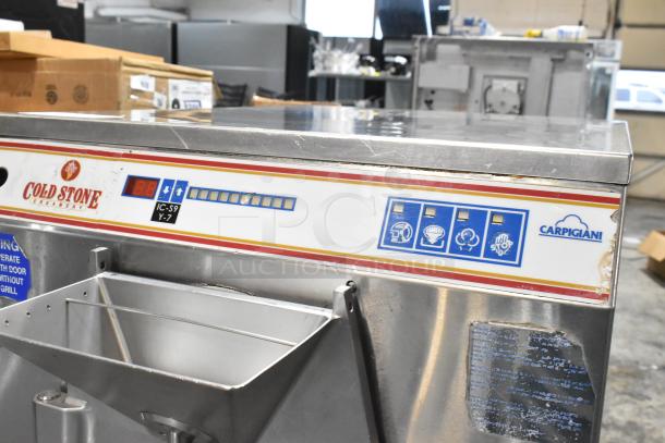 Carpigiani LB-502 commercial batch freezer, floor style, water-cooled, 208/230V, 3-phase, visible wear, Cold Stone Creamery branding.