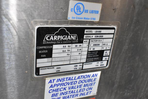 Carpigiani LB-502 commercial batch freezer, water-cooled, 208/230V, 3-phase, model label with serial #E2N-2026 visible.
