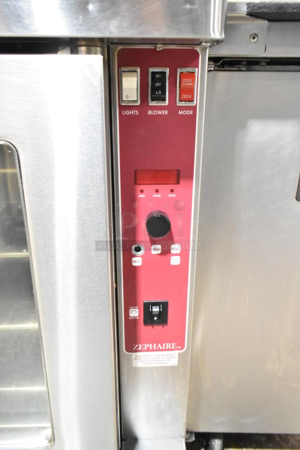 Blodgett Zephaire-100-E convection oven control panel with thermostatic controls and view-through doors.