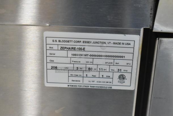 Blodgett Zephaire-100-E convection oven label; 208V, 3 phase, ETL certified, made in USA, serial 100223CMT.