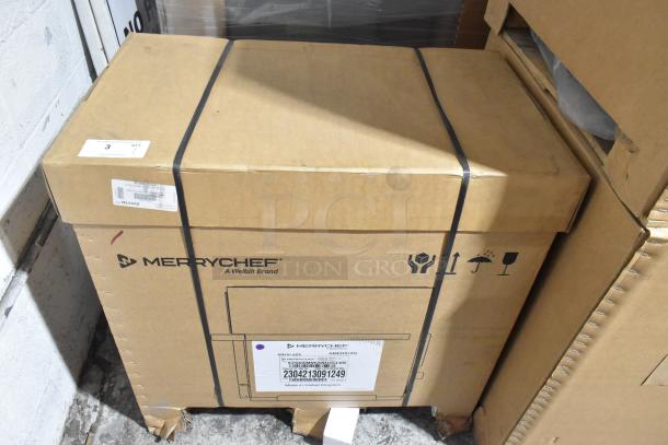 Brand new scratch and dent 2023 Merrychef eikon e2s ventless rapid cook oven boxed, 208/240V, visible shipping labels.