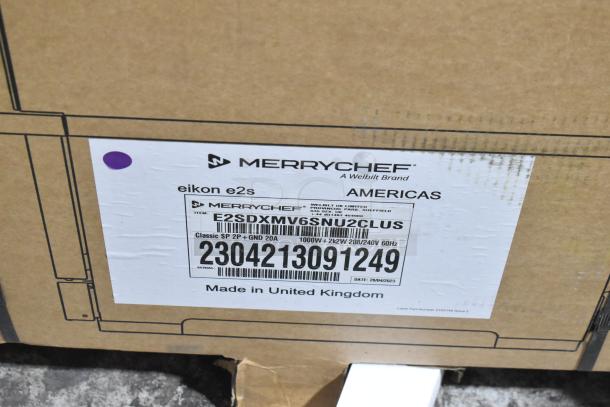 Brand new Merrychef eikon e2s rapid cook oven box label. Serial 2304213091249. Made in UK. 208/240 volts.