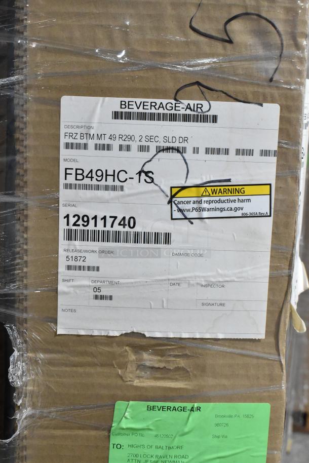 Brand new Beverage Air FB49HC-1S commercial 2-door reach-in freezer. Model FB49HC-1S, 115 volts, 1 phase. Scratch and dent condition. Serial: 12911740.