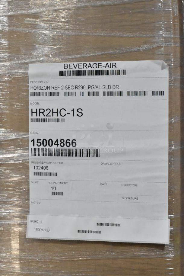 Beverage Air HR2HC-1S commercial cooler label, model and serial number visible, brand new, 115V, 1 phase.