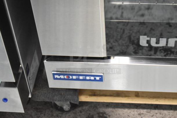 BRAND NEW Moffat Turbofan E23M3 convection oven, 2024 model. Scratch and dent, 208V, 1 phase. Chrome Moffat logo visible.