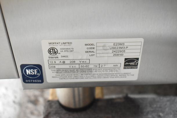 Brand new 2024 Moffat Turbofan E23M3 countertop electric convection oven label. Shows model, serial, and NSF certification.