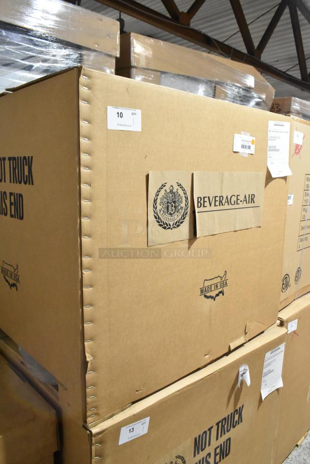 Beverage Air UCR36AHC-23 commercial cooler in packaging, labels indicate "Made in USA" and model number. Brand new, scratch and dent.