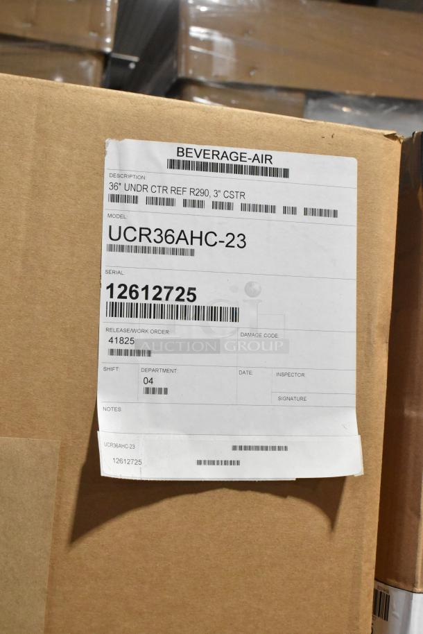 Beverage Air UCR36AHC-23 undercounter cooler in packaging, 115 Volts, marked with serial 12612725, new scratch and dent.
