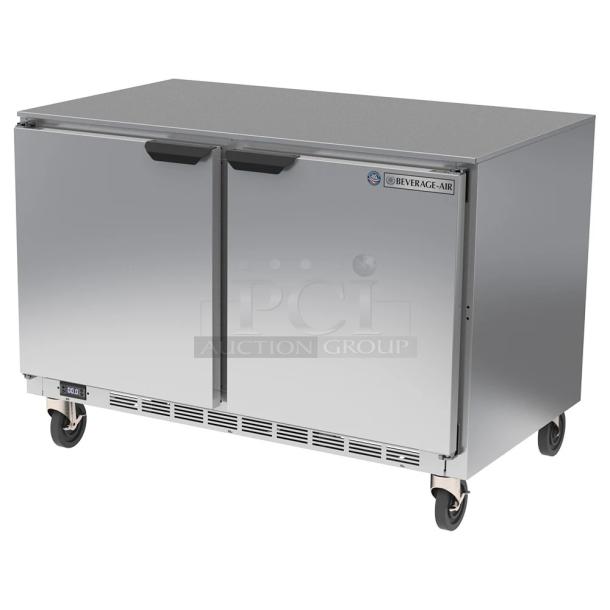 Brand new Beverage Air UCF48AHC-23 undercounter freezer, 2-door, 115V, 1 phase. Scratch and dent condition, stainless steel.