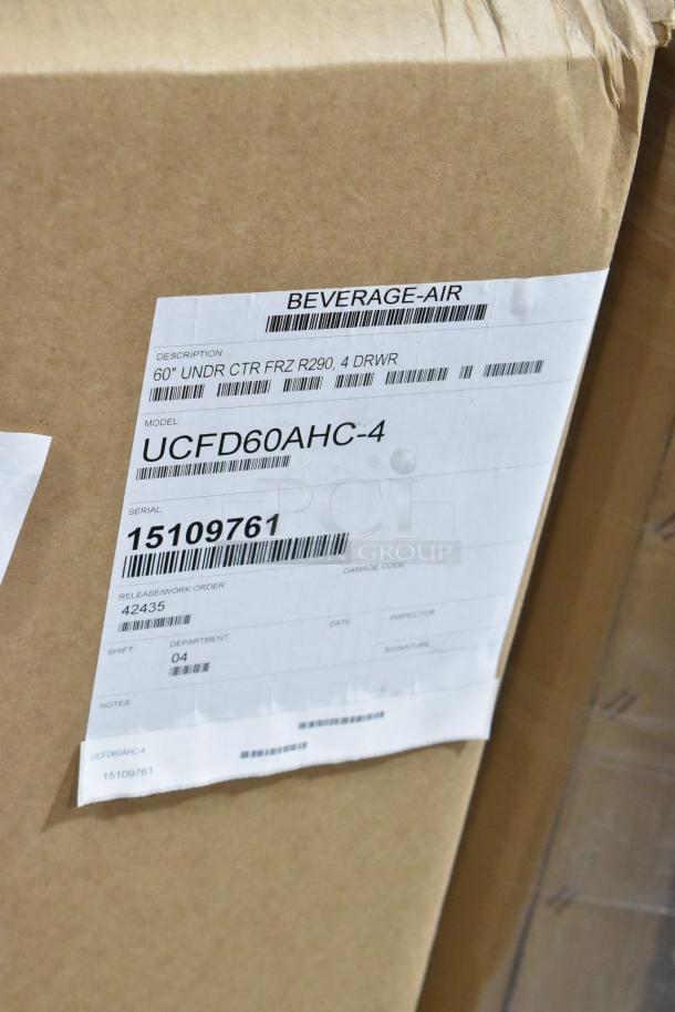 Label on a cardboard box for Beverage Air UCFD60AHC-4 Commercial 4 Drawer Undercounter Freezer, 115V, 1 Phase. Serial: 15109761.