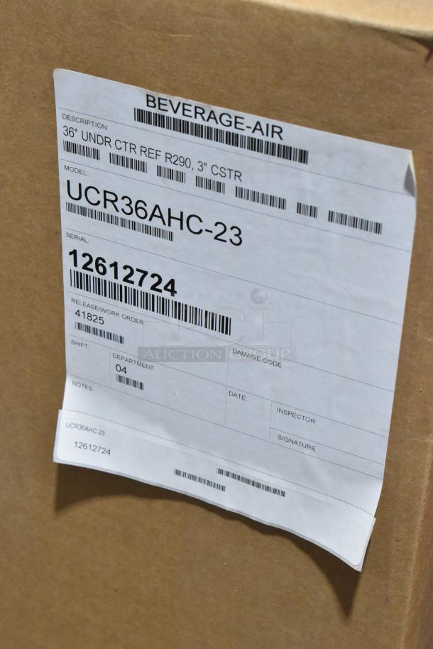 Beverage Air UCR36AHC-23 2-door undercounter freezer, new with scratches. Model and serial labels visible on box. 115V, 1 Phase.