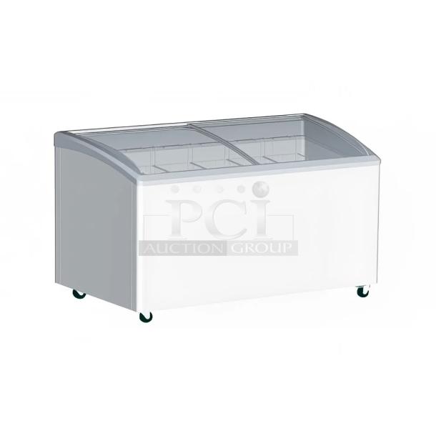 Brand new Excellence 215VB5LHC commercial display freezer, 12.9 cu. ft., curved lid, 115V, scratch and dent condition.