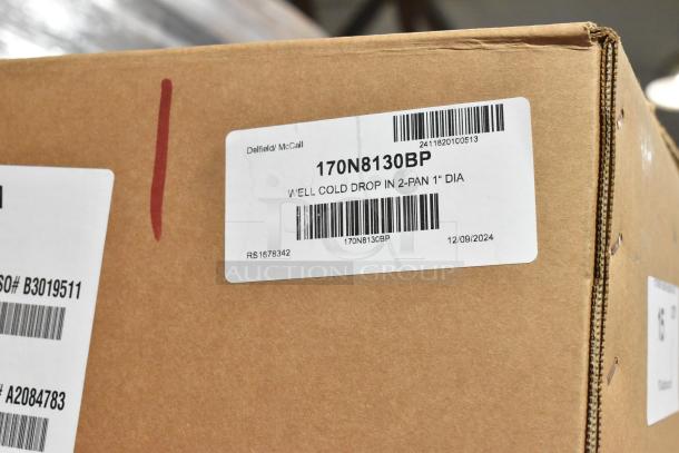 Brand new Delfield N8130BP two pan refrigerated cold food well box, model 170N8130BP label visible. 115V, 1 phase.