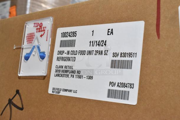 Brand new Delfield N8130BP two pan drop-in refrigerated cold food well, 115 volts, 1 phase. Scratch and dent condition.