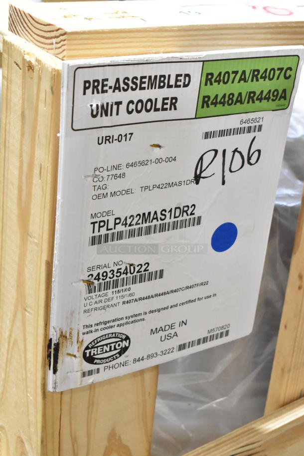 Trenton TPLP422MAS1DR2 evaporator fan, 115V, 1 phase, scratch and dent, pre-assembled cooler, model details on box.
