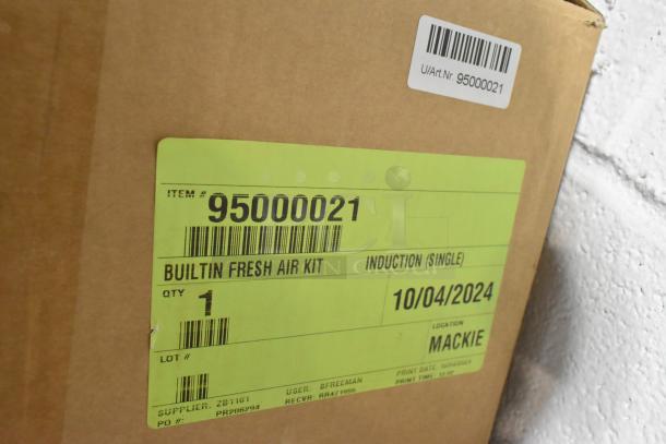 Brand new scratch and dent 95000021 Built In Fresh Air Kit with induction, in original packaging, labeled for Mackie location.