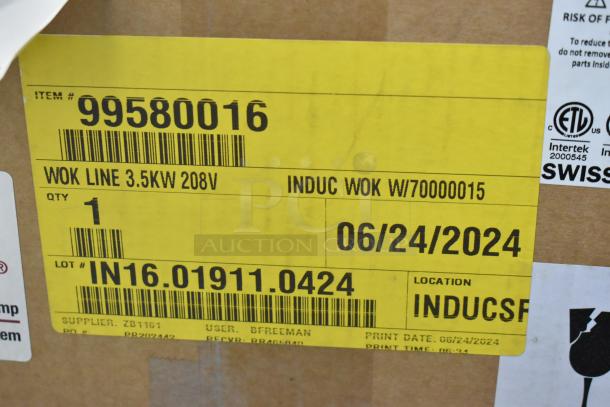 Alt text: Garland SH/WO/IN 3500 Wok-Line Induction Built-in Wok, new condition, 208V, 1 phase. Item #99580016 label shown.