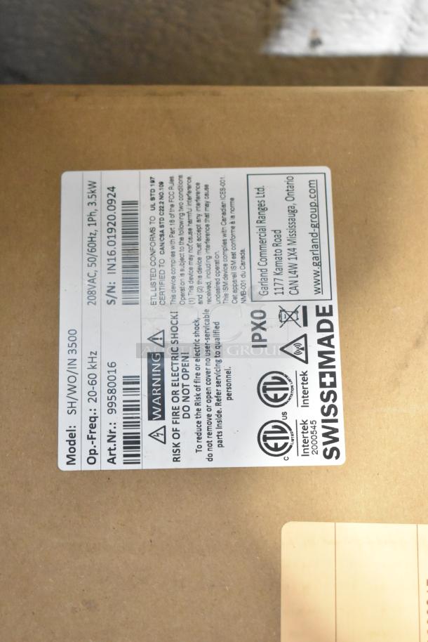 Label on Garland SH/WO/IN 3500 Wok-Line Induction. Details: 208V, 1Ph, 3.5kW. Serial: IN16.01920.0924. Art.Nr: 99580016. Swiss Made.