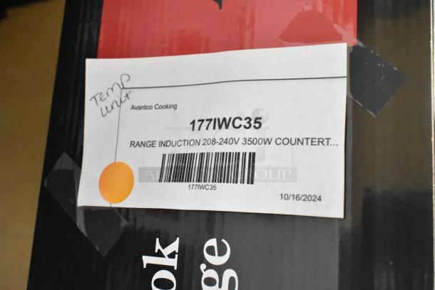 Brand new Avantco 177IWC35 wok induction range, 208-240V, 3500W, countertop model. Label indicates "temp unit."