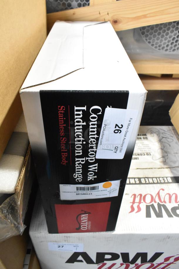 Brand new 2024 Avantco 177IWC35 countertop wok induction range with stainless steel body. Box shows minor scratches.